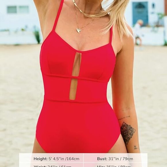 CUPSHE SCOOP NECK CUTOUT BACK TIE KEYHOLE FRONT ONE PIECE SWIMSUIT SIZE MED NWT - Picture 3 of 8